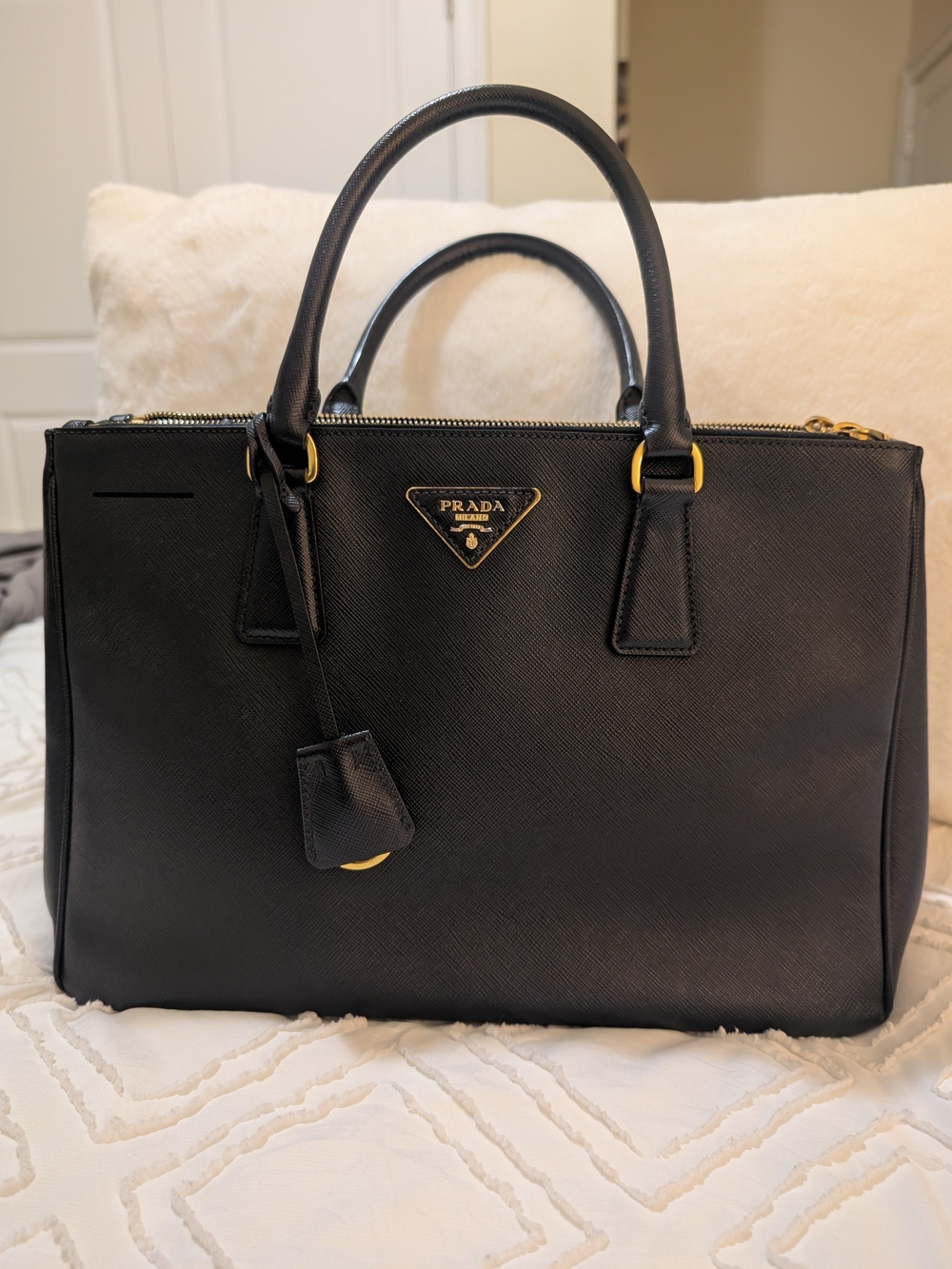 Prada Black Saffiano Leather Top-Handle Tote with Gold Hardware